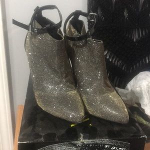 Shimmery bootie ankle strap heels